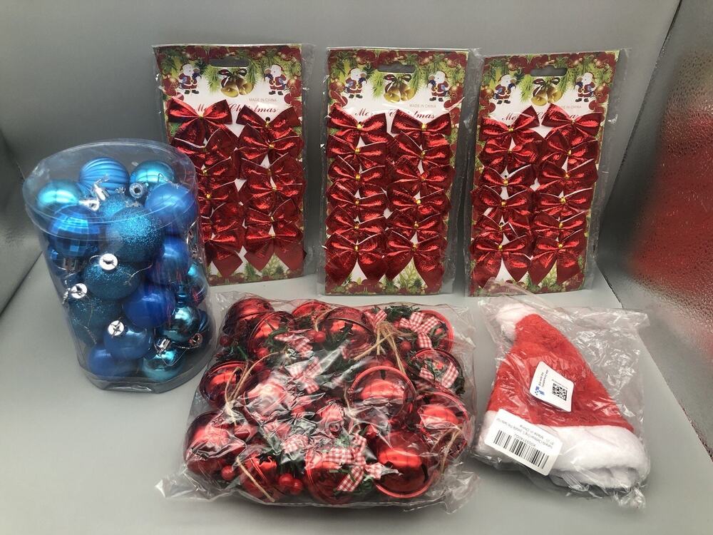Christmas Ornaments Decor- Bells, Dog Hat, Small Bows, Blue Ornaments NEW *READ